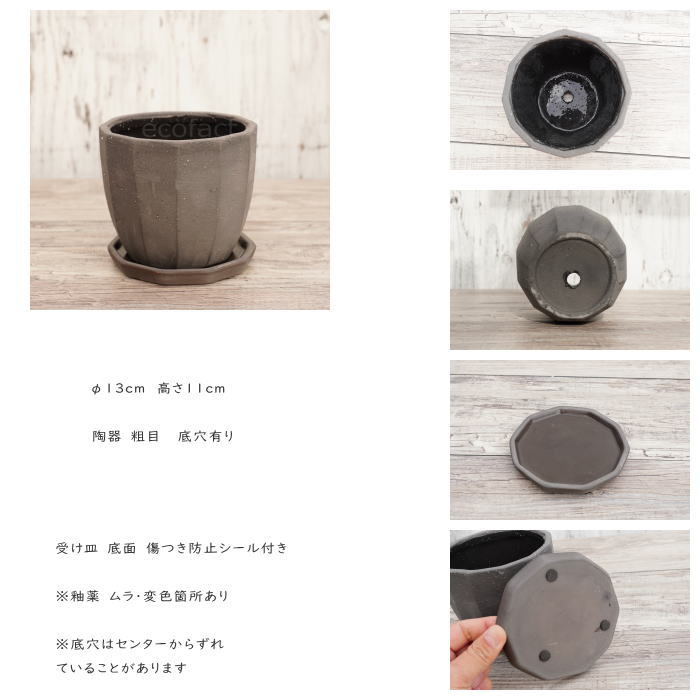陶器鉢 植木鉢 ミニポット 底穴あり 皿付 粗目十角 黒 φ13cm おしゃれ かわいい プランター 園芸鉢 観葉植物 アガベ サボテン ビザールプランツ 塊根植物 コーデックス 多肉植物