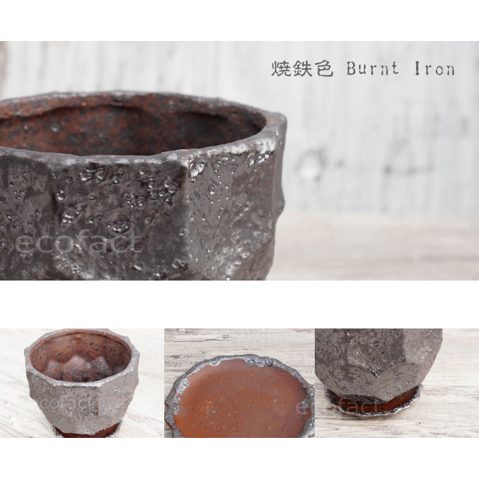 陶器鉢 植木鉢 カービングポット メタルM (焼鉄色 )皿付 φ15cm おしゃれ かわいい プランター 園芸鉢 観葉植物 アガベ サボテン ビザールプランツ 塊根植物 コーデックス 多肉植物