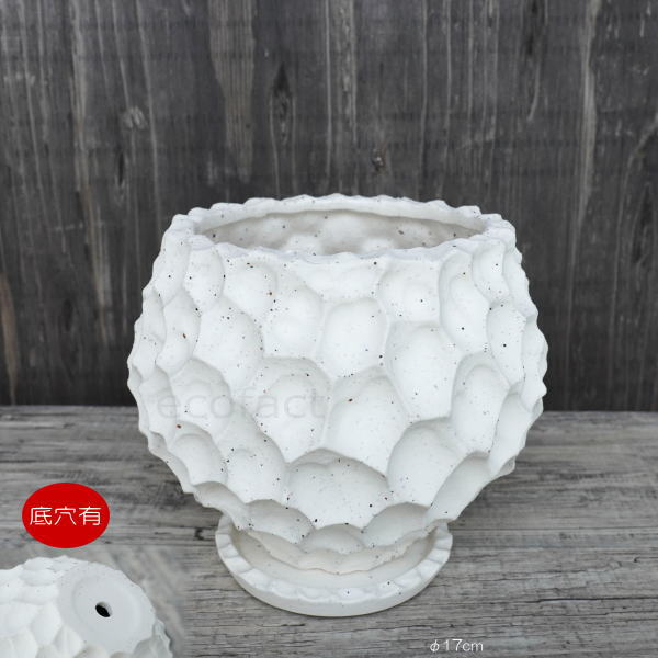 陶器鉢 植木鉢 カービングポット 球体型(バニラホワイト )皿付 φ17cm おしゃれ かわいい プランター 園芸鉢 観葉植物 アガベ サボテン ビザールプランツ 塊根植物 コーデックス 多肉植物