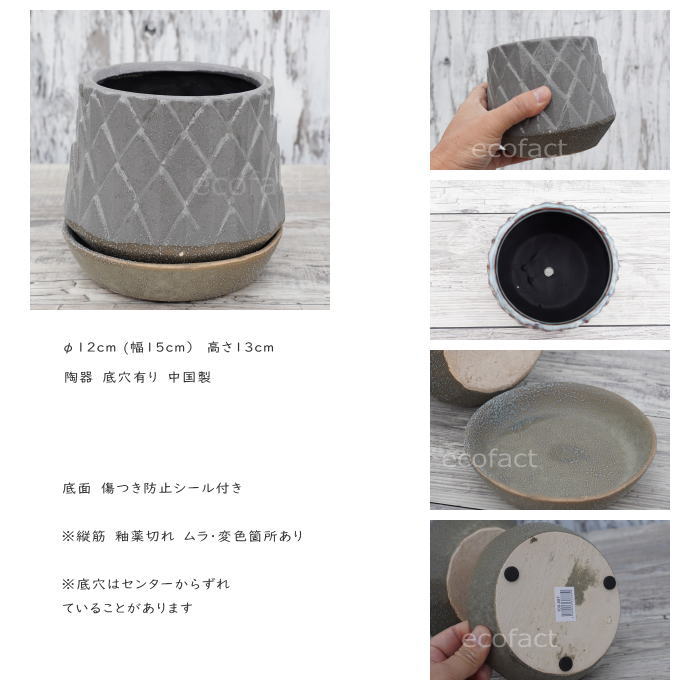 陶器鉢 植木鉢 ミニポット 皿付 パインコーングレイ φ12cm(15cm) おしゃれ かわいい プランター 園芸鉢 観葉植物 アガベ サボテン ビザールプランツ 塊根植物 コーデックス 多肉植物