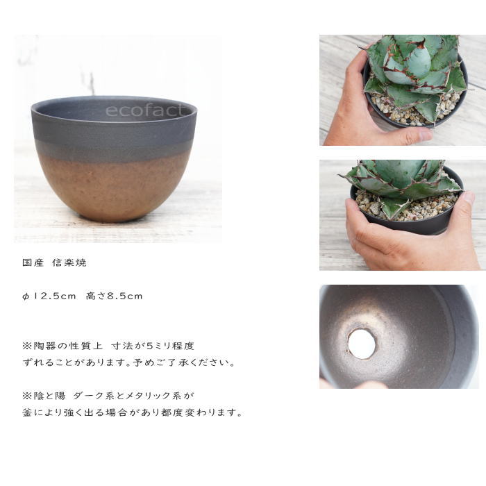 陶器鉢 植木鉢 小鉢 底穴あり マットブラック丸 焦がし金 艶消し黒 φ12.5cm おしゃれ プランター 園芸鉢 信楽焼(しがらきやき)かみ山陶器 サボテンポット