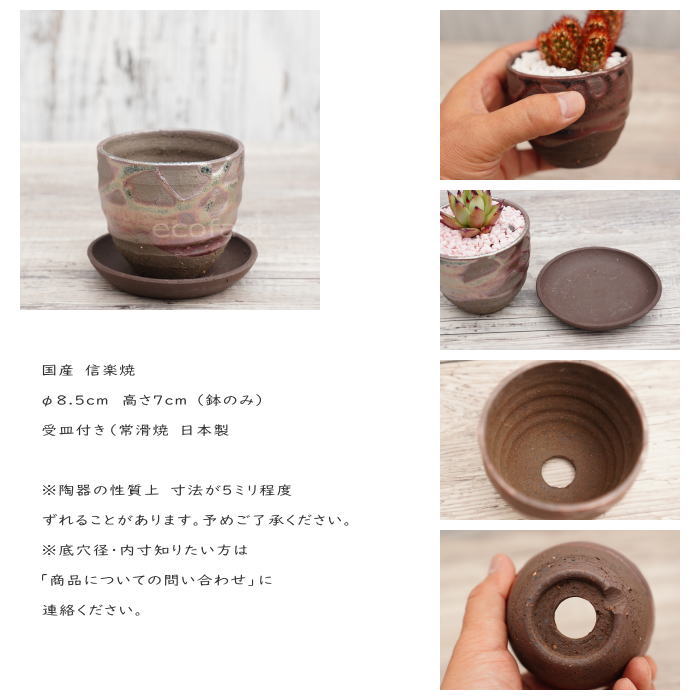 陶器鉢 植木鉢 小鉢 底穴あり 鉄釉丸(ガンメタ)φ8.5cm 受皿付き おしゃれ プランター 園芸鉢 信楽焼(しがらきやき)かみ山陶器 コーデックス 塊根植物
