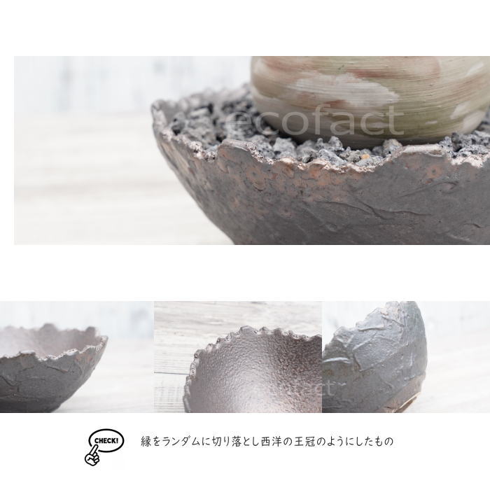 陶器鉢 植木鉢 ミニポット 底穴あり BUNGA POT クラウン 平型 (大)ガンメタリック φ17cm おしゃれ かわいい プランター 宝寿窯 有田焼 陶芸鉢 観葉植物 アガベ サボテン ビザールプランツ 塊根植物 コーデックス 多肉植物