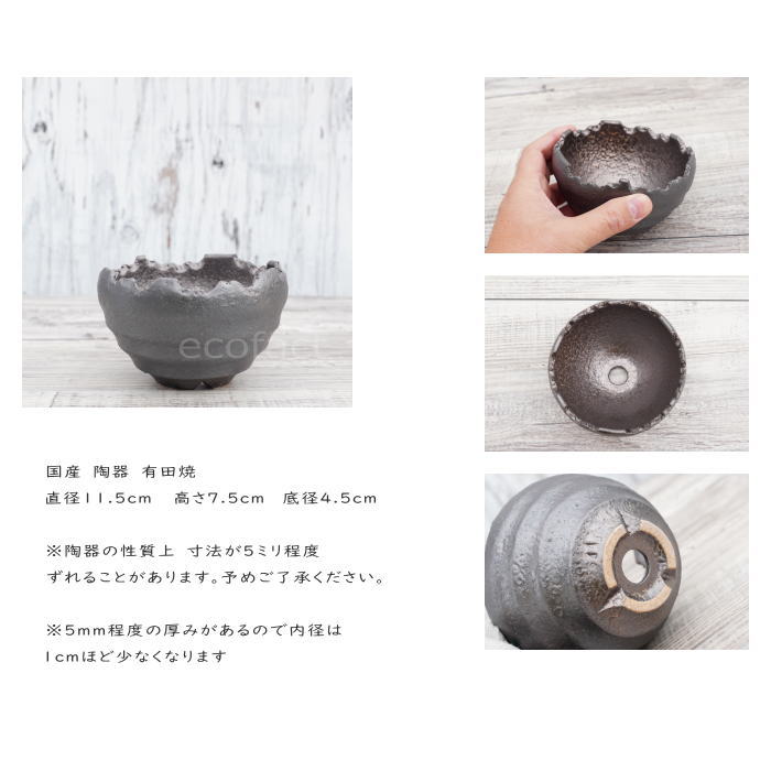 陶器鉢 植木鉢 ミニポット 底穴あり BUNGA POT クラウン 丸型 (小)ガンメタリック φ11.5cm おしゃれ かわいい プランター 宝寿窯 有田焼 陶芸鉢 観葉植物 アガベ サボテン ビザールプランツ 塊根植物 コーデックス 多肉植物