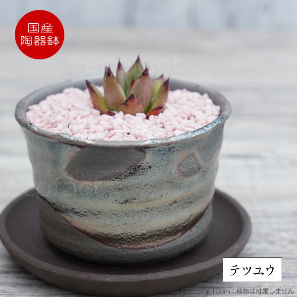 陶器鉢 植木鉢 小鉢 底穴あり 鉄釉そり浅(ガンメタ)φ10cm 受皿付き おしゃれ プランター 園芸鉢 信楽焼(しがらきやき)かみ山陶器 コーデックス 塊根植物
