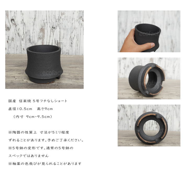 陶器鉢 植木鉢 高脚 5号フチなしショート 底穴あり ブラック おしゃれ プランター 園芸鉢 信楽焼 かみ山陶器 観葉植物 アガベ サボテン ビザールプランツ 塊根植物 コーデックス 多肉植物 ポット