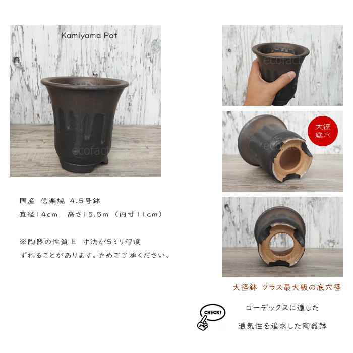 陶器鉢 植木鉢 底穴あり 4.5号高脚スリム 金彩 ブラック おしゃれ プランター 園芸鉢 信楽焼 かみ山陶器 観葉植物 アガベ サボテン ビザールプランツ 塊根植物 コーデックス 多肉植物 ポット