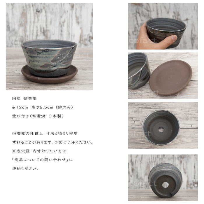 陶器鉢 植木鉢 小鉢 底穴あり 鉄釉浅(ガンメタ)φ12cm 受皿付き おしゃれ プランター 園芸鉢 信楽焼(しがらきやき)かみ山陶器 コーデックス 塊根植物
