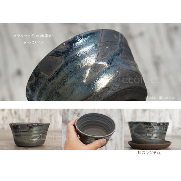 陶器鉢 植木鉢 小鉢 底穴あり 鉄釉浅(ガンメタ)φ12cm 受皿付き おしゃれ プランター 園芸鉢 信楽焼(しがらきやき)かみ山陶器 コーデックス 塊根植物