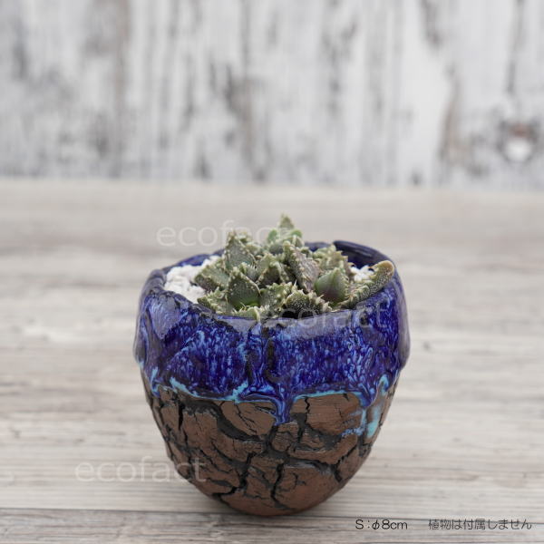 陶器鉢 植木鉢 ミニポット 底穴あり オーシャン(ブルー) 濃茶 S φ8cm 日本製 手作り おしゃれ かわいい プランター 園芸鉢 観葉植物 アガベ サボテン ビザールプランツ 塊根植物 コーデックス 多肉植物 ふるものぐりーん8889工房
