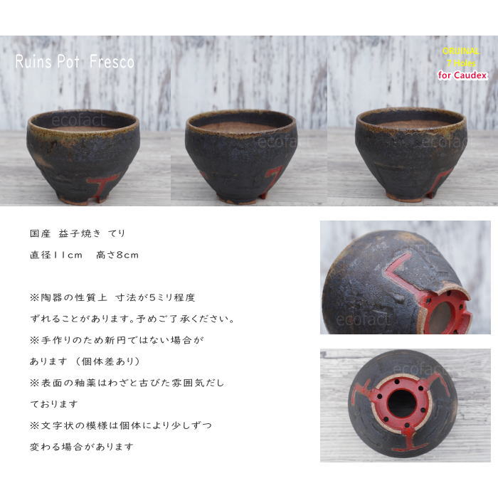 陶器鉢 植木鉢 小鉢 底穴あり 益子焼 Ruins Pot Fresco てり φ11cm おしゃれ 園芸鉢 プランター アガベ コーデックス 塊根植物 NK CERAMICA(エヌケーセラミカ)