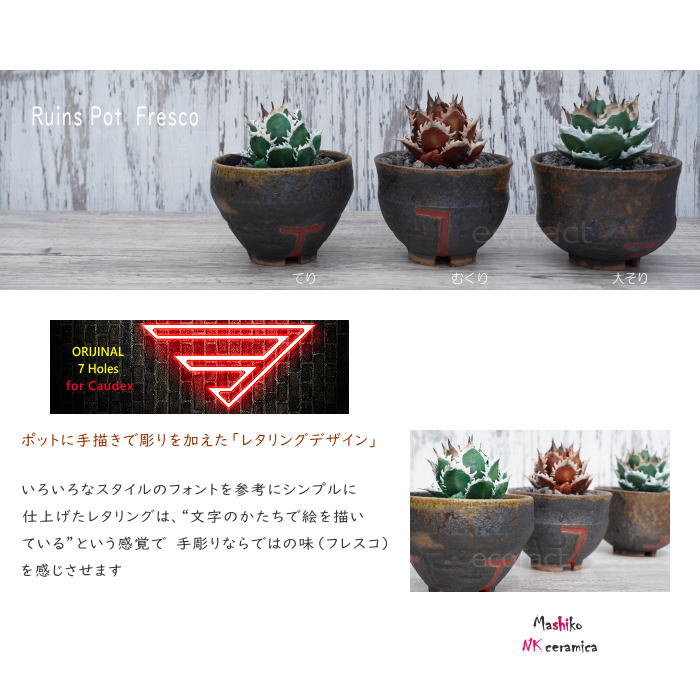 陶器鉢 植木鉢 小鉢 底穴あり 益子焼 Ruins Pot Fresco 大そり φ11cm おしゃれ 園芸鉢 プランター アガベ コーデックス 塊根植物 NK CERAMICA(エヌケーセラミカ)