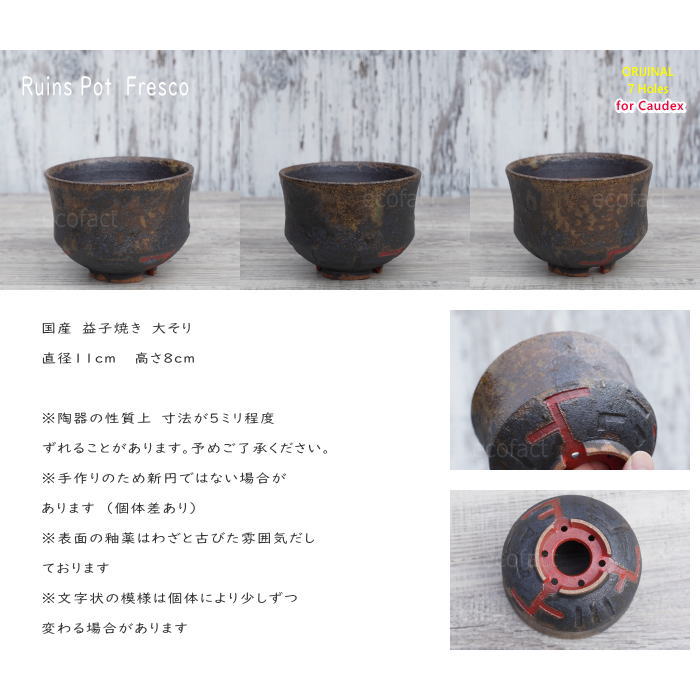 陶器鉢 植木鉢 小鉢 底穴あり 益子焼 Ruins Pot Fresco 大そり φ11cm おしゃれ 園芸鉢 プランター アガベ コーデックス 塊根植物 NK CERAMICA(エヌケーセラミカ)