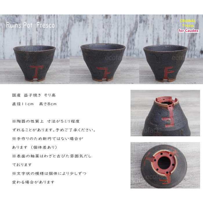 陶器鉢 植木鉢 小鉢 底穴あり 益子焼 Ruins Pot Fresco そり高 φ11cm おしゃれ 園芸鉢 プランター アガベ コーデックス 塊根植物 NK CERAMICA(エヌケーセラミカ)