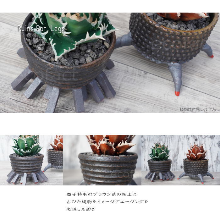 陶器鉢 植木鉢 小鉢 底穴あり 益子焼 Ruins Pot 4Legs φ11cm おしゃれ 園芸鉢 プランター アガベ コーデックス 塊根植物 NK CERAMICA(エヌケーセラミカ)