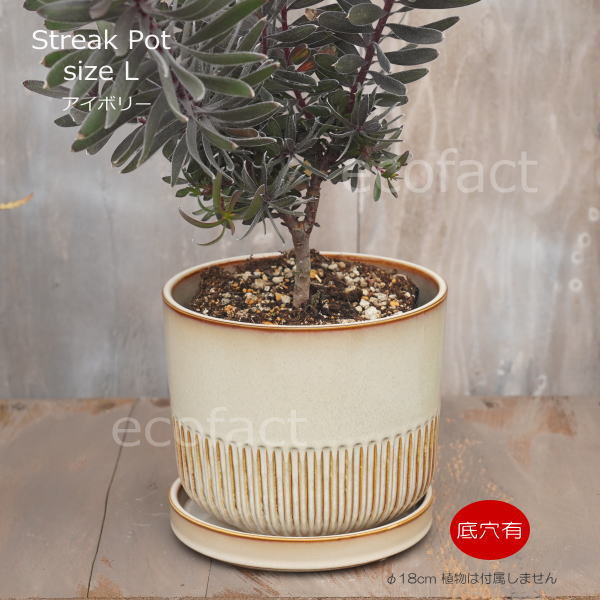 植木鉢 おしゃれ 陶器鉢 フラワーポット ミニポット 底穴あり Streak L アイボリー φ18cm プランター 園芸鉢 観葉植物 オージープランツ
