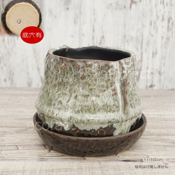 植木鉢 おしゃれ 陶器鉢 フラワーポット ミニポット 底穴あり ロックポット グリーン φ11cm  プランター 園芸鉢 観葉植物 多肉植物 熱帯植物 アッシュグレイ