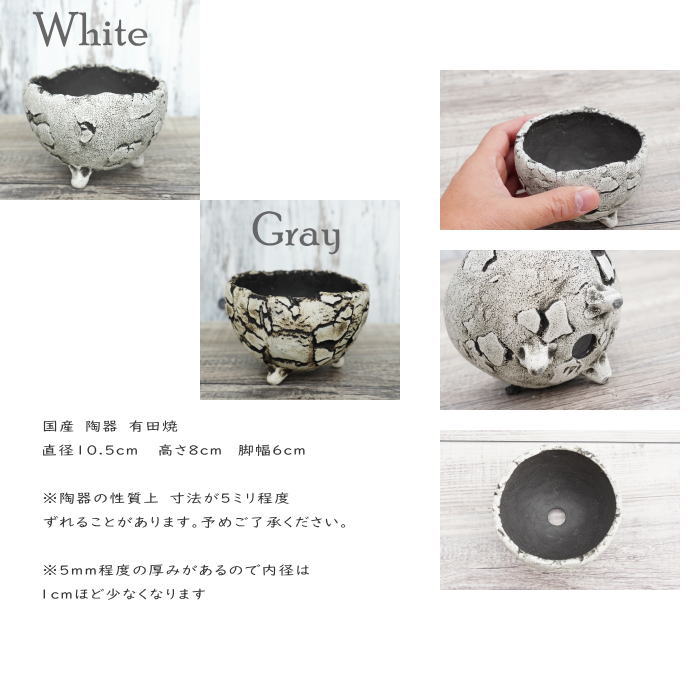 陶器鉢 植木鉢 ミニポット 底穴あり BUNGA POT エッグ（S） (ホワイト/グレイ） φ10.5cm おしゃれ かわいい プランター 宝寿窯 有田焼 陶芸鉢 観葉植物 アガベ サボテン ビザールプランツ 塊根植物 コーデックス 多肉植物