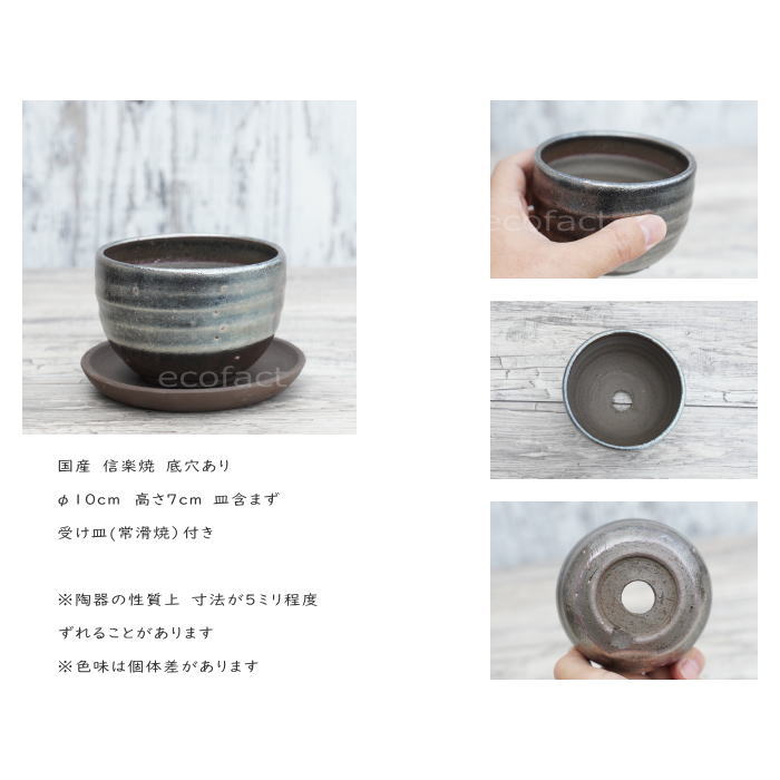 陶器鉢 植木鉢 小鉢 底穴あり 丸型（フルメタリック）φ10cm  3.5号 受皿付き おしゃれ プランター 多肉植物 園芸鉢 信楽焼  かみ山陶器 エケベリア サンスベリア