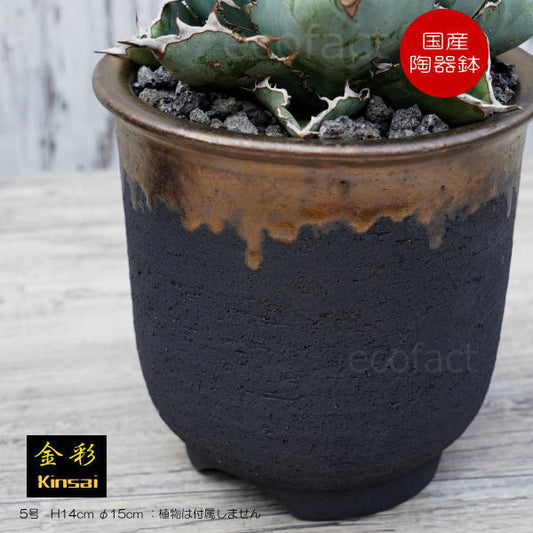 陶器鉢 植木鉢 5号  底穴あり 金彩 高鉢 H14cm ブラック おしゃれ プランター 園芸鉢 信楽焼 かみ山陶器  観葉植物 アガベ サボテン ビザールプランツ 塊根植物 コーデックス 多肉植物 ポット