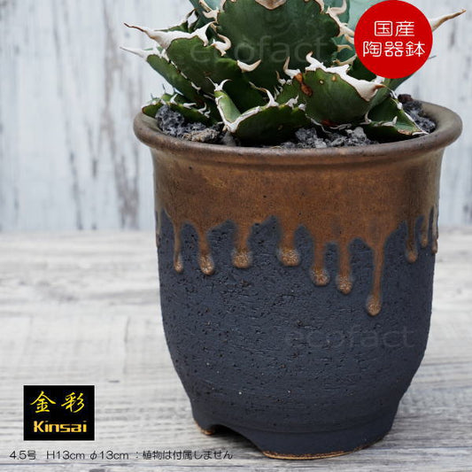 陶器鉢 植木鉢 4.5号  底穴あり 金彩 高鉢 H13cm ブラック おしゃれ プランター 園芸鉢 信楽焼 かみ山陶器  観葉植物 アガベ サボテン ビザールプランツ 塊根植物 コーデックス 多肉植物 ポット