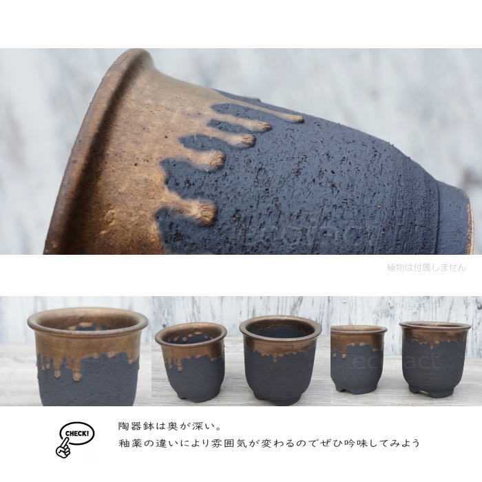 陶器鉢 植木鉢 4.5号  底穴あり 金彩 高鉢 H13cm ブラック おしゃれ プランター 園芸鉢 信楽焼 かみ山陶器  観葉植物 アガベ サボテン ビザールプランツ 塊根植物 コーデックス 多肉植物 ポット