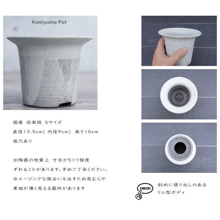 陶器鉢 植木鉢 白つばS φ12.5 (9) cm  底穴ありホワイト 白 おしゃれ プランター 園芸鉢 信楽焼 かみ山陶器  観葉植物 アガベ サボテン ビザールプランツ 塊根植物 コーデックス 多肉植物 ポット