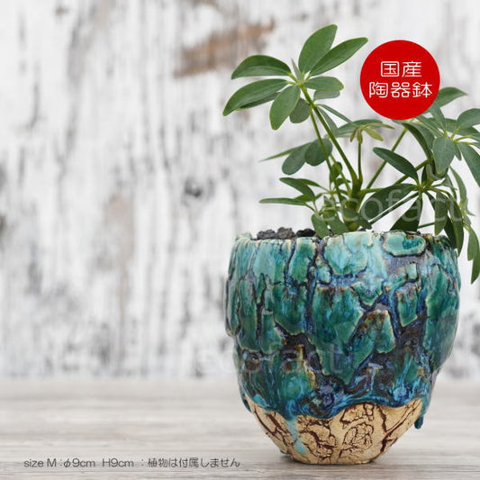 陶器鉢 植木鉢 ミニポット  底穴あり フォレスト（グリーン）白茶M φ9cm 日本製 手作り おしゃれ かわいい プランター 園芸鉢 観葉植物 アガベ サボテン ビザールプランツ 塊根植物 コーデックス 多肉植物 ふるものぐりーん8889工房