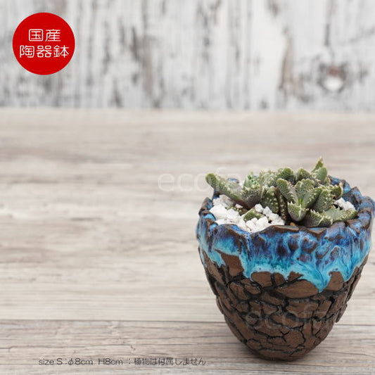陶器鉢 植木鉢 ミニポット  底穴あり スカイ（ライトブルー） 濃茶 S φ8cm 日本製 手作り おしゃれ かわいい プランター 園芸鉢 観葉植物 アガベ サボテン ビザールプランツ 塊根植物 コーデックス 多肉植物 ふるものぐりーん8889工房