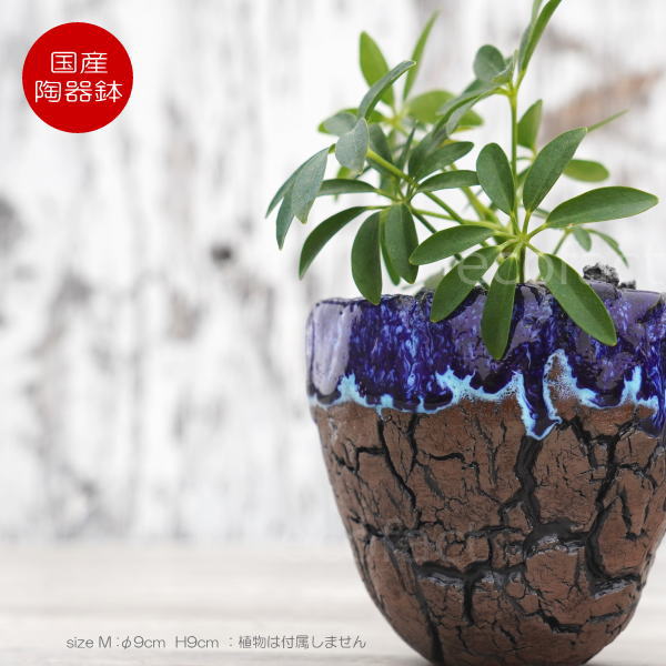 陶器鉢 植木鉢 ミニポット  底穴あり オーシャン（ブルー） 濃茶 M φ9cm 日本製 手作り おしゃれ かわいい プランター 園芸鉢 観葉植物 アガベ サボテン ビザールプランツ 塊根植物 コーデックス 多肉植物 ふるものぐりーん8889工房
