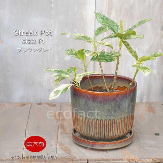 植木鉢 おしゃれ 陶器鉢 フラワーポット ミニポット 底穴あり Streak M ブラウングレイ φ15cm   プランター 園芸鉢 観葉植物 オージープランツ